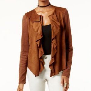 NWT Inc Ruffled Open Faux-Suede Brown Cardigan